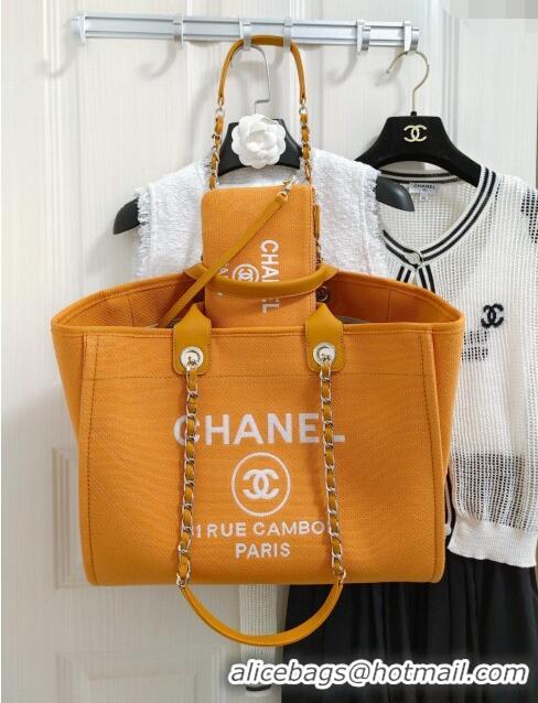 Shop Promotional Chanel Deauville Cotton & Calfskin Large Shopping Bag AS2008 Orange 2024