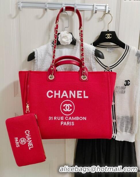 Best Price Chanel Deauville Cotton & Calfskin Large Shopping Bag AS2008 Red 2024