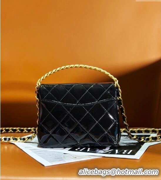 Top Quality Chanel Patent Calfskin Mini Flap Bag with Top Handle AS4472 Black 2024