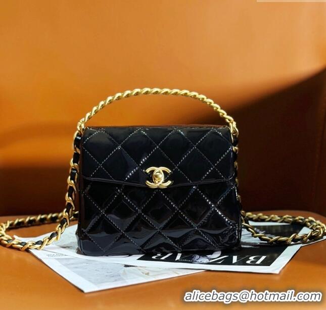 Top Quality Chanel Patent Calfskin Mini Flap Bag with Top Handle AS4472 Black 2024