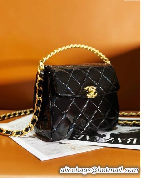 Top Quality Chanel Patent Calfskin Mini Flap Bag with Top Handle AS4472 Black 2024