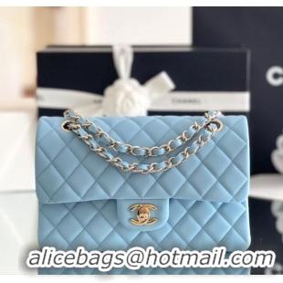 Luxury Classic Chanel Grained Calfskin Medium Classic Flap Bag A01112 Sky Blu/Light Gold 2024 Original Quality