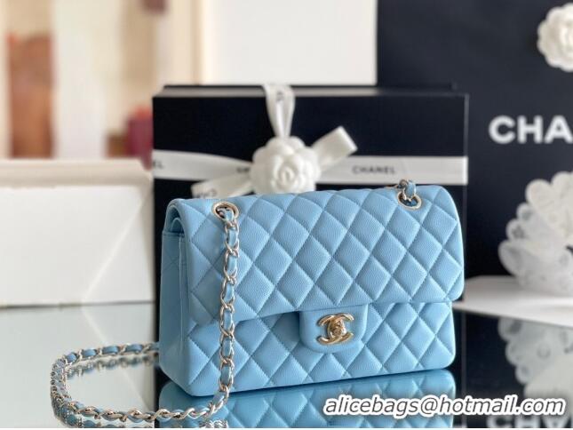 Luxury Classic Chanel Grained Calfskin Medium Classic Flap Bag A01112 Sky Blu/Light Gold 2024 Original Quality