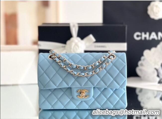 Luxury Classic Chanel Grained Calfskin Medium Classic Flap Bag A01112 Sky Blu/Light Gold 2024 Original Quality