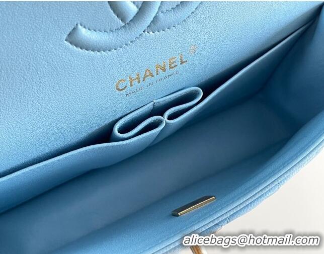 Luxury Classic Chanel Grained Calfskin Medium Classic Flap Bag A01112 Sky Blu/Light Gold 2024 Original Quality