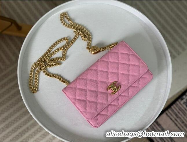 Top Quality Chanel Grained Calfskin Wallet On Heart Chain WOC AP2601 Pink 2024