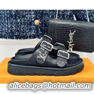 Pretty Style Louis Vuitton LV Flat Slide Sandals in Balck Embossed Leather with Strap 606180