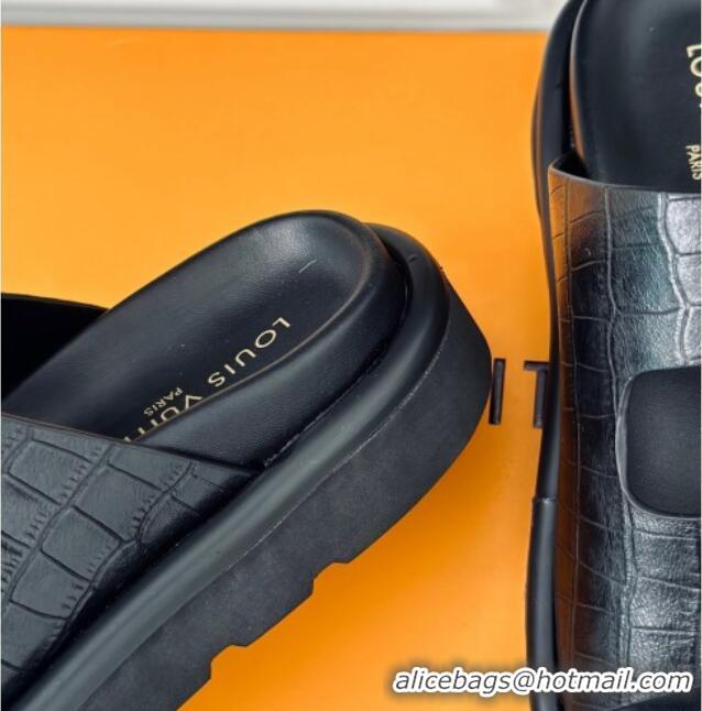 Pretty Style Louis Vuitton LV Flat Slide Sandals in Balck Embossed Leather with Strap 606180