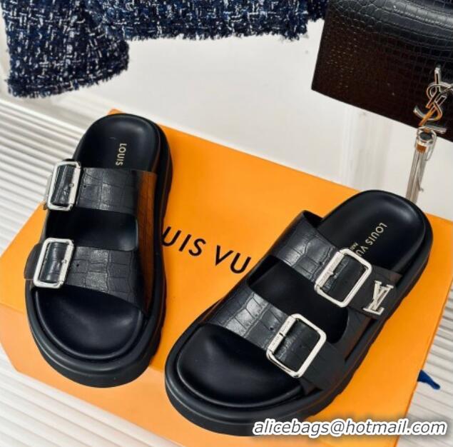 Pretty Style Louis Vuitton LV Flat Slide Sandals in Balck Embossed Leather with Strap 606180