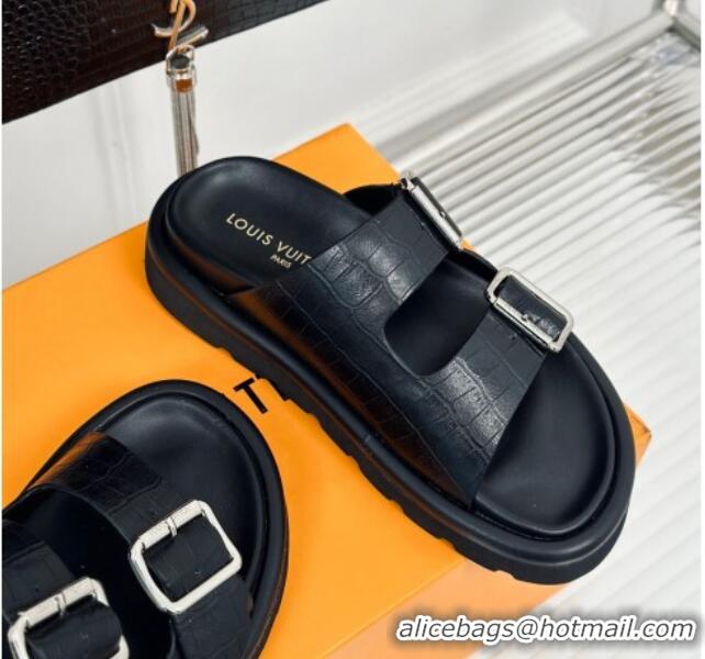 Pretty Style Louis Vuitton LV Flat Slide Sandals in Balck Embossed Leather with Strap 606180