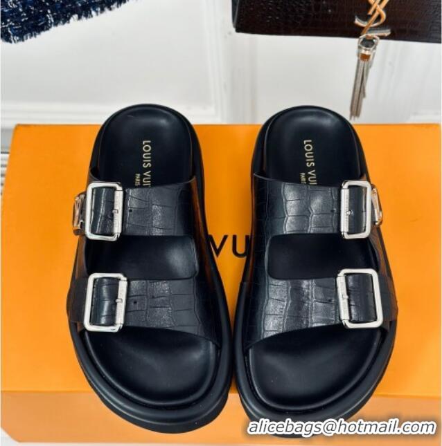 Pretty Style Louis Vuitton LV Flat Slide Sandals in Balck Embossed Leather with Strap 606180