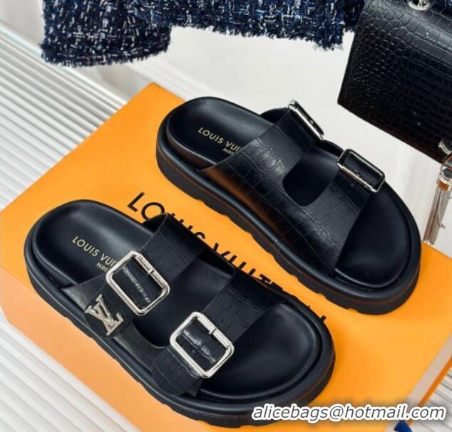 Pretty Style Louis Vuitton LV Flat Slide Sandals in Balck Embossed Leather with Strap 606180