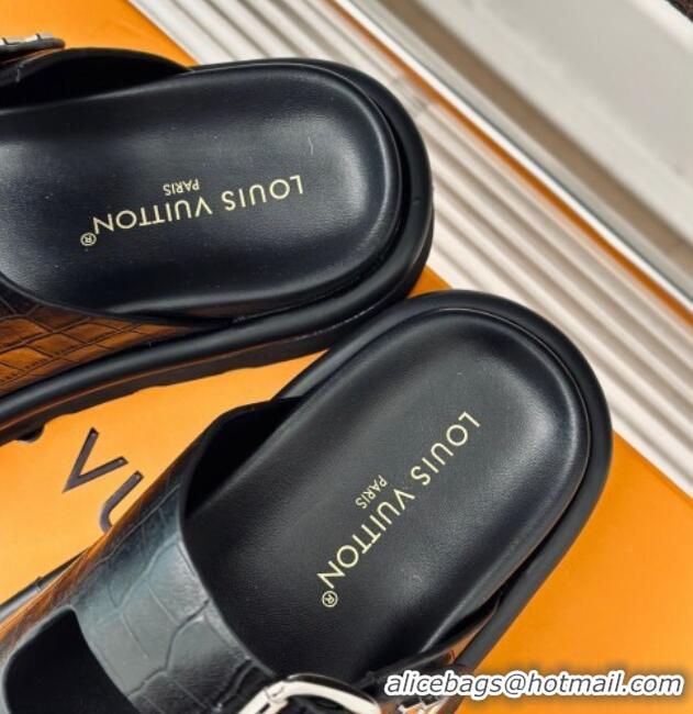 Pretty Style Louis Vuitton LV Flat Slide Sandals in Balck Embossed Leather with Strap 606180