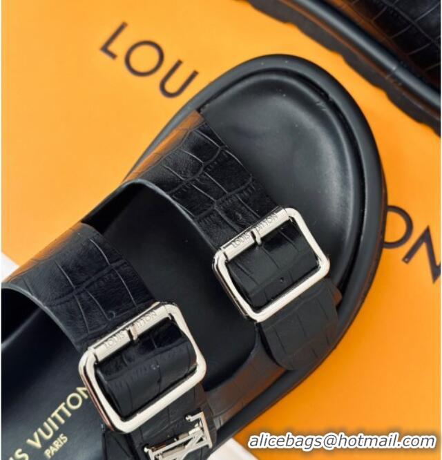 Pretty Style Louis Vuitton LV Flat Slide Sandals in Balck Embossed Leather with Strap 606180