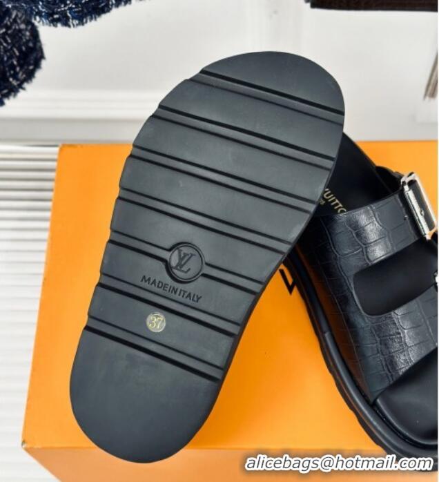 Pretty Style Louis Vuitton LV Flat Slide Sandals in Balck Embossed Leather with Strap 606180