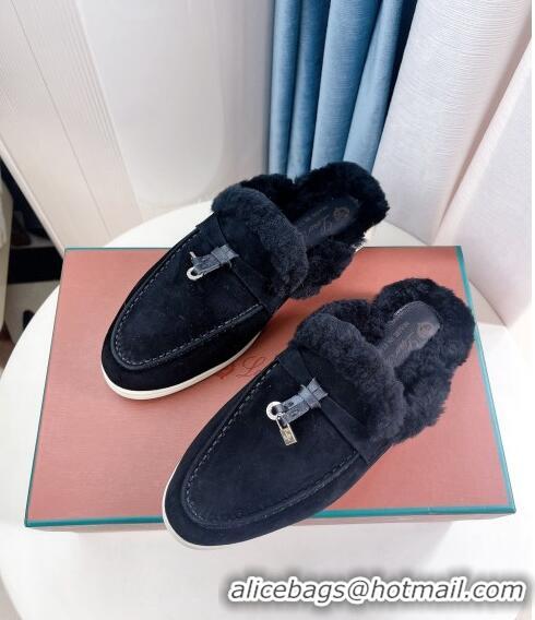 Best Quality Loro Piana Babouche Charms Walk Mules in Suede and Wool L6062 Black 2023