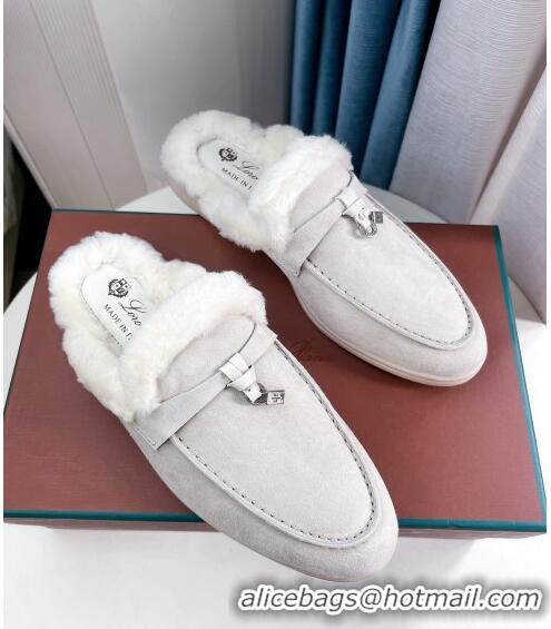 ​Grade Quality Loro Piana Babouche Charms Walk Mules in Suede and Wool L6062 Light Grey 2023