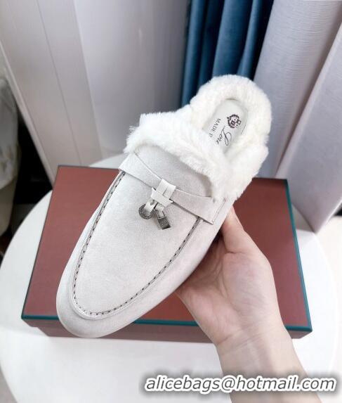 ​Grade Quality Loro Piana Babouche Charms Walk Mules in Suede and Wool L6062 Light Grey 2023