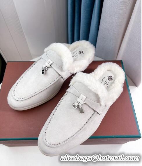 ​Grade Quality Loro Piana Babouche Charms Walk Mules in Suede and Wool L6062 Light Grey 2023