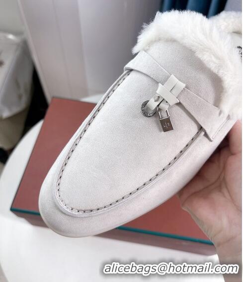 ​Grade Quality Loro Piana Babouche Charms Walk Mules in Suede and Wool L6062 Light Grey 2023