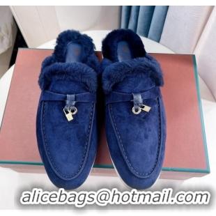 Top Quality Loro Piana Babouche Charms Walk Mules in Suede and Wool L6062 Dark Blue 2023