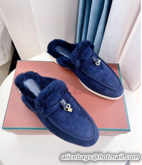 Top Quality Loro Piana Babouche Charms Walk Mules in Suede and Wool L6062 Dark Blue 2023