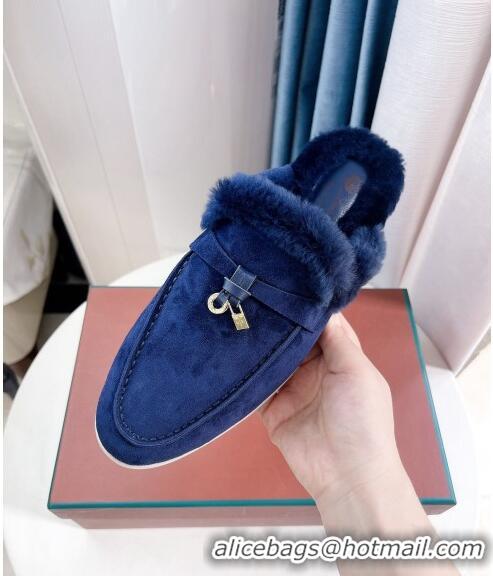 Top Quality Loro Piana Babouche Charms Walk Mules in Suede and Wool L6062 Dark Blue 2023