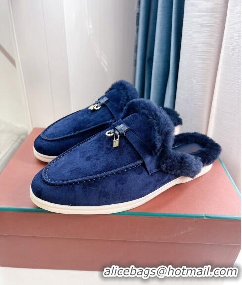 Top Quality Loro Piana Babouche Charms Walk Mules in Suede and Wool L6062 Dark Blue 2023