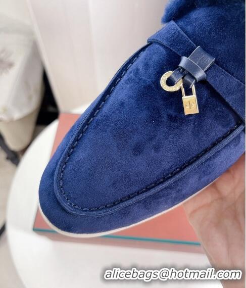 Top Quality Loro Piana Babouche Charms Walk Mules in Suede and Wool L6062 Dark Blue 2023