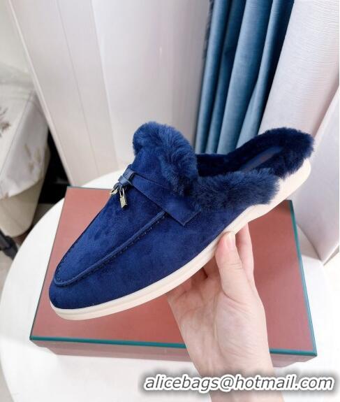 Top Quality Loro Piana Babouche Charms Walk Mules in Suede and Wool L6062 Dark Blue 2023