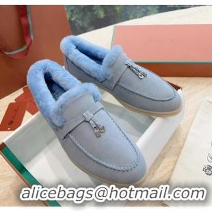 Best Price Loro Piana Summer Charms Walk Loafers with Fur LP110620 Sky Blue 2023