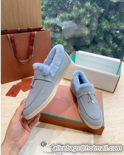 Best Price Loro Piana Summer Charms Walk Loafers with Fur LP110620 Sky Blue 2023