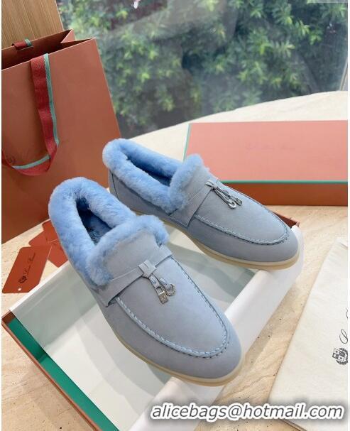 Best Price Loro Piana Summer Charms Walk Loafers with Fur LP110620 Sky Blue 2023