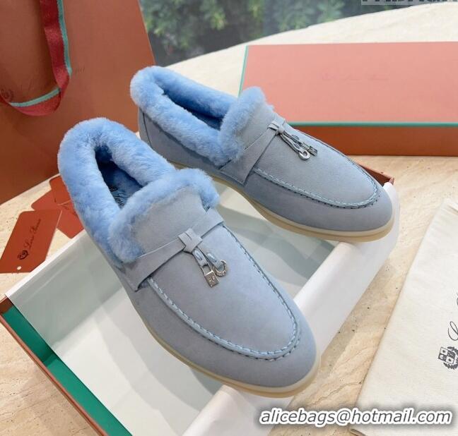 Best Price Loro Piana Summer Charms Walk Loafers with Fur LP110620 Sky Blue 2023