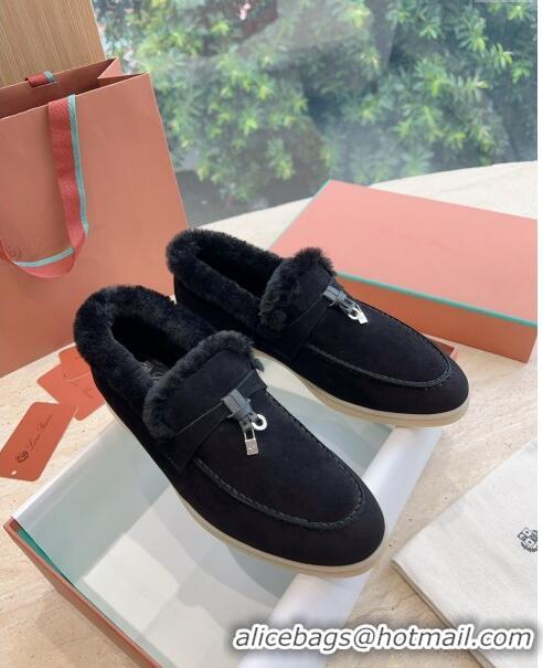 Free Shipping Loro Piana Summer Charms Walk Loafers with Fur LP110628 Black 2023