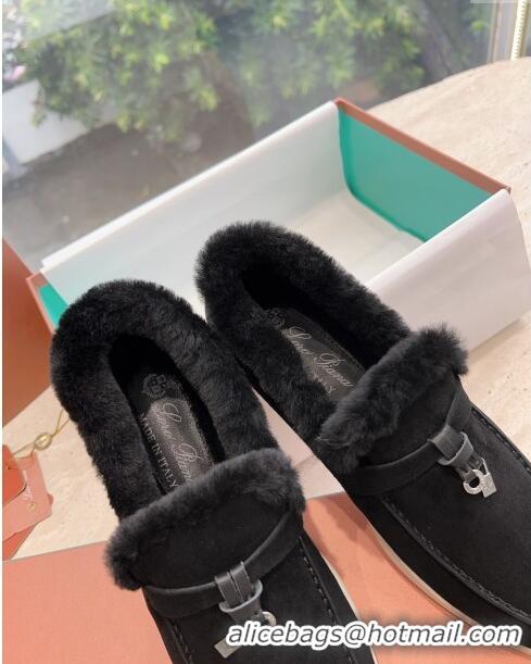 Free Shipping Loro Piana Summer Charms Walk Loafers with Fur LP110628 Black 2023