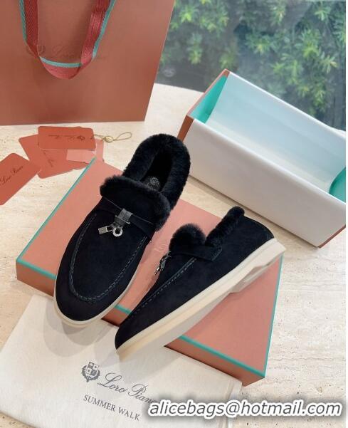 Free Shipping Loro Piana Summer Charms Walk Loafers with Fur LP110628 Black 2023