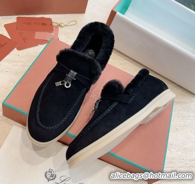 Free Shipping Loro Piana Summer Charms Walk Loafers with Fur LP110628 Black 2023