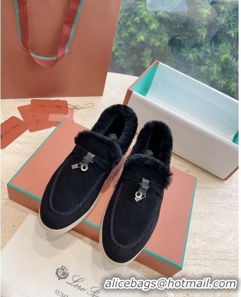 Free Shipping Loro Piana Summer Charms Walk Loafers with Fur LP110628 Black 2023