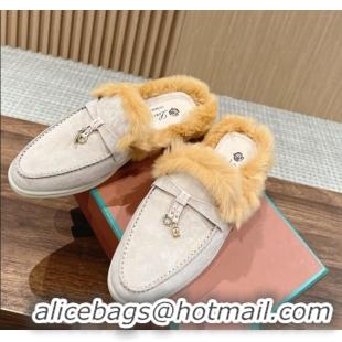 ​Inexpensive LP Charms Walk Babouche Loafers with Fur in Suede LP010901 Pale Grey/Yellow 2024 Top