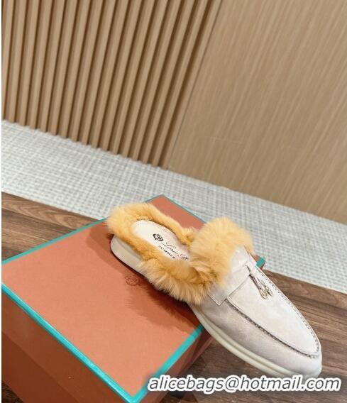 ​Inexpensive LP Charms Walk Babouche Loafers with Fur in Suede LP010901 Pale Grey/Yellow 2024 Top