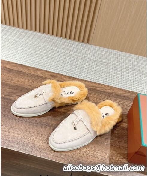 ​Inexpensive LP Charms Walk Babouche Loafers with Fur in Suede LP010901 Pale Grey/Yellow 2024 Top