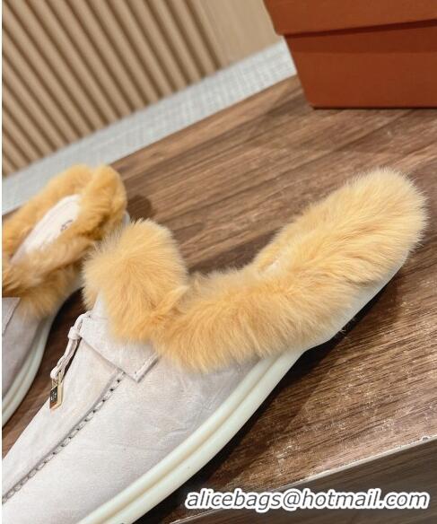 ​Inexpensive LP Charms Walk Babouche Loafers with Fur in Suede LP010901 Pale Grey/Yellow 2024 Top