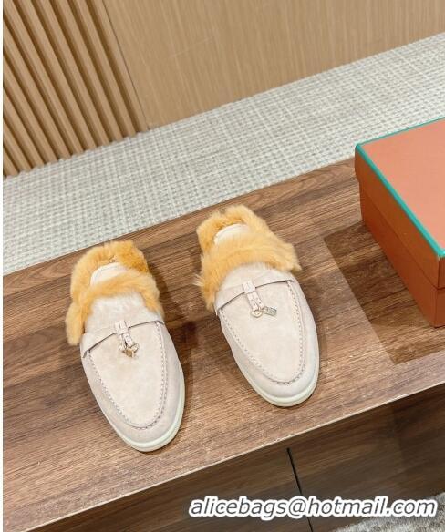 ​Inexpensive LP Charms Walk Babouche Loafers with Fur in Suede LP010901 Pale Grey/Yellow 2024 Top