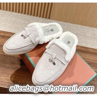 ​Trendy Design LP Charms Walk Babouche Loafers with Fur in Suede LP010901 Pale Grey/White 2024 Top 