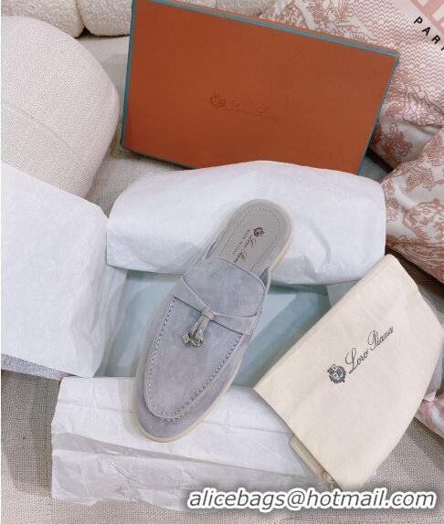 Grade Quality Loro Piana Suede Flat Mules 0507 Light Grey 2024