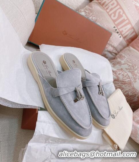 Grade Quality Loro Piana Suede Flat Mules 0507 Light Grey 2024