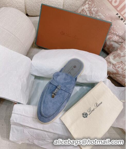Best Price Loro Piana Suede Flat Mules 0507 Dusty Blue 2024