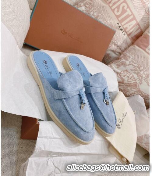 New Style Loro Piana Suede Flat Mules 0507 Light Blue 2024