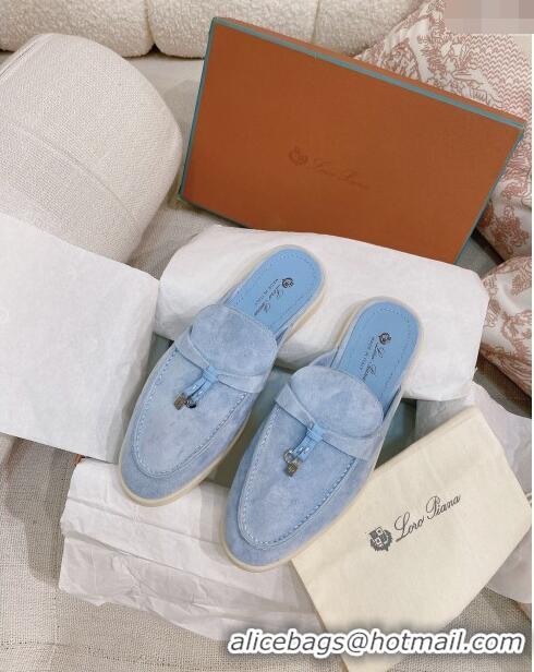 New Style Loro Piana Suede Flat Mules 0507 Light Blue 2024